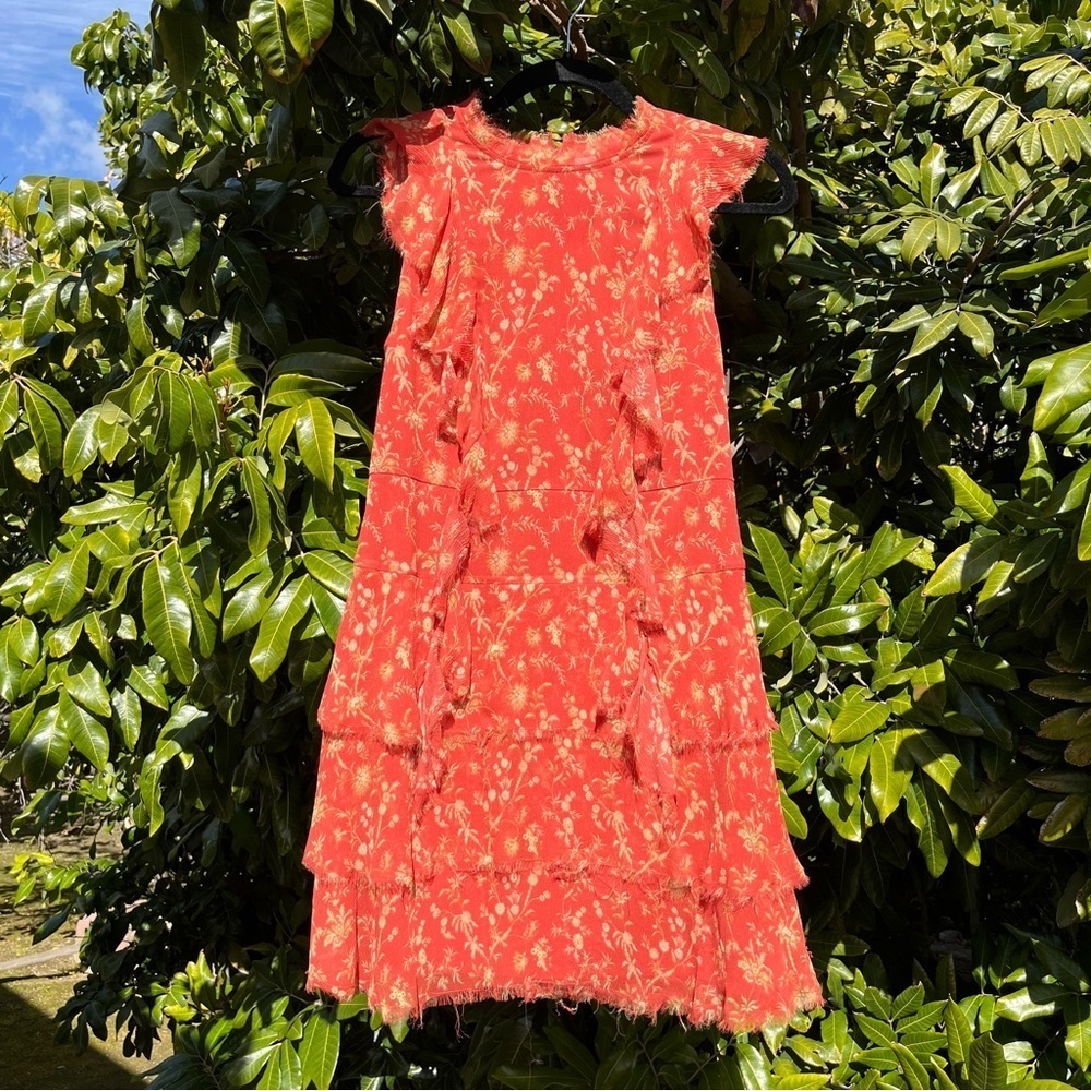 Sir. The Label tangerine orange floral silk gauze tiered ruffle mini dress